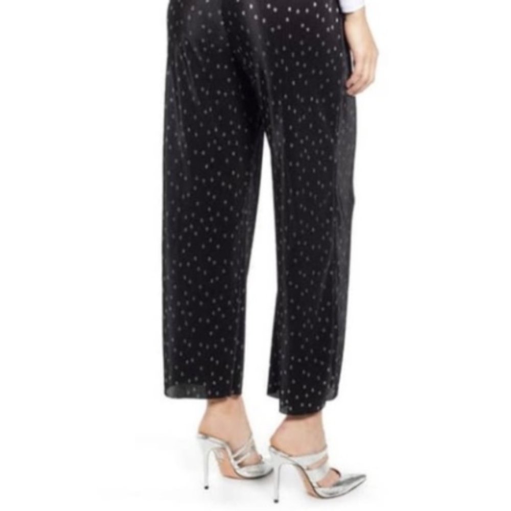 Topshop Black Pleated Wide Leg Pants with Silver Polka Dots, Size 8-10